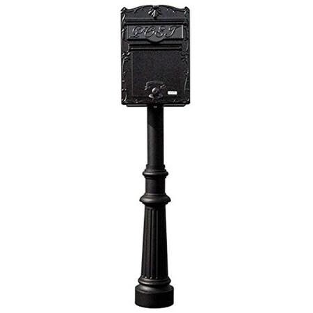 Qualarc 18 in. Kingsbury FRONT Retrieval Mailbox with Hanford Post & Decorative Fluted Base - Black LSF-LS03-HPFRG-8-BLK